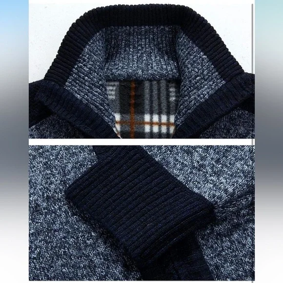 Men's Blue and Black Zip-Up Cardigan Sweater - Picture 3 of 7